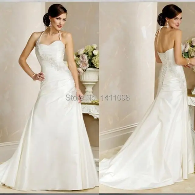 Elegant Halter Sexy A-line Full Length Lace Up Chapel Train Taffeta Wedding Dresses Custom Colors | Свадьбы и торжества