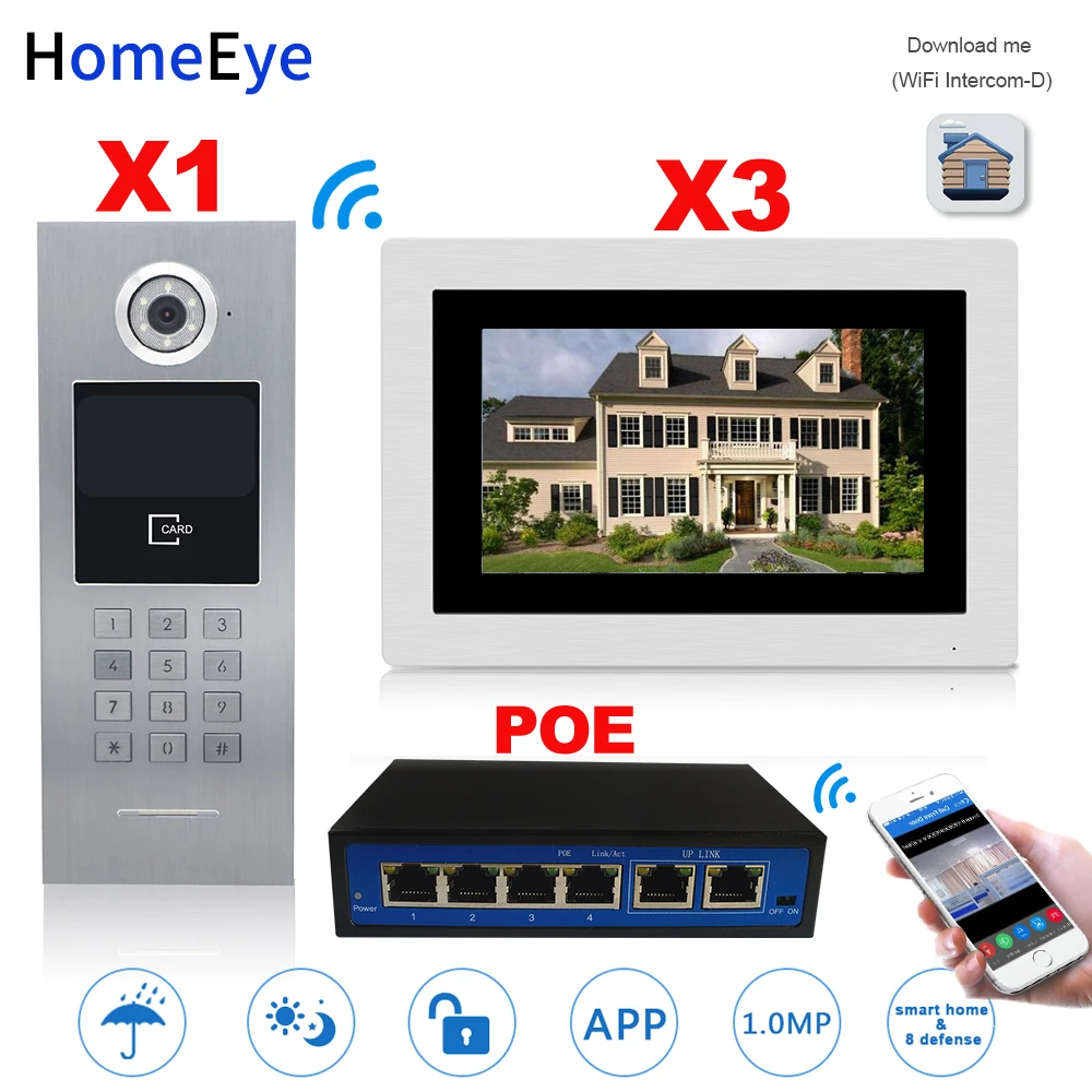 HomeEye 7'' 720P WiFi IP Video Door Phone Video Intercom Home Access Control System Password/RFID Card + POE Switch Touch Screen HomeEye 7'' 720P WiFi IP Video Door Phone Video Intercom Home Access Control System Password/RFID Card + POE Switch Touch Screen