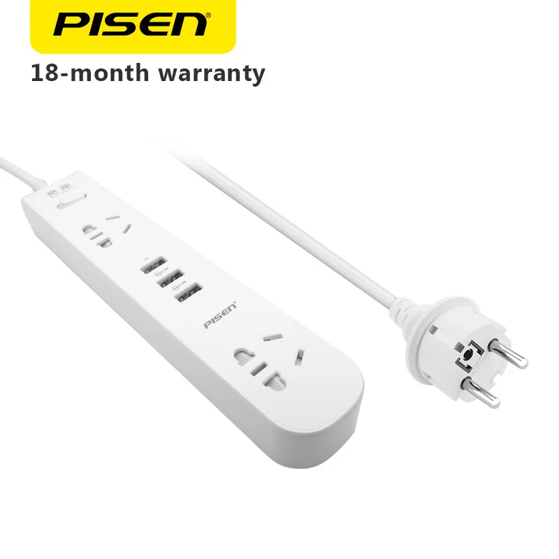 

PISEN 2 Outlets & 3 USB Outputs Power Strip Electronic Smart Extension Socket Plug with EU Adapter Power Button Surge Protector
