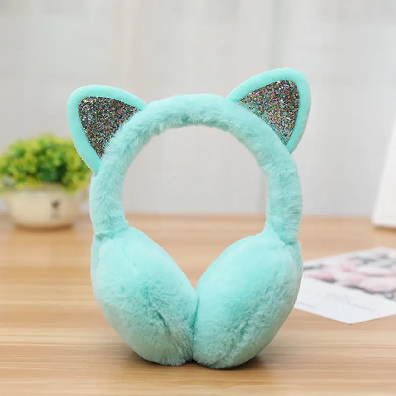 Winter New Ladies Girls Winter Plush Ear Pad Glitter Cat Earmuffs Headband Warmer Outdoor Cute Earmuff - Цвет: Светло-зеленый