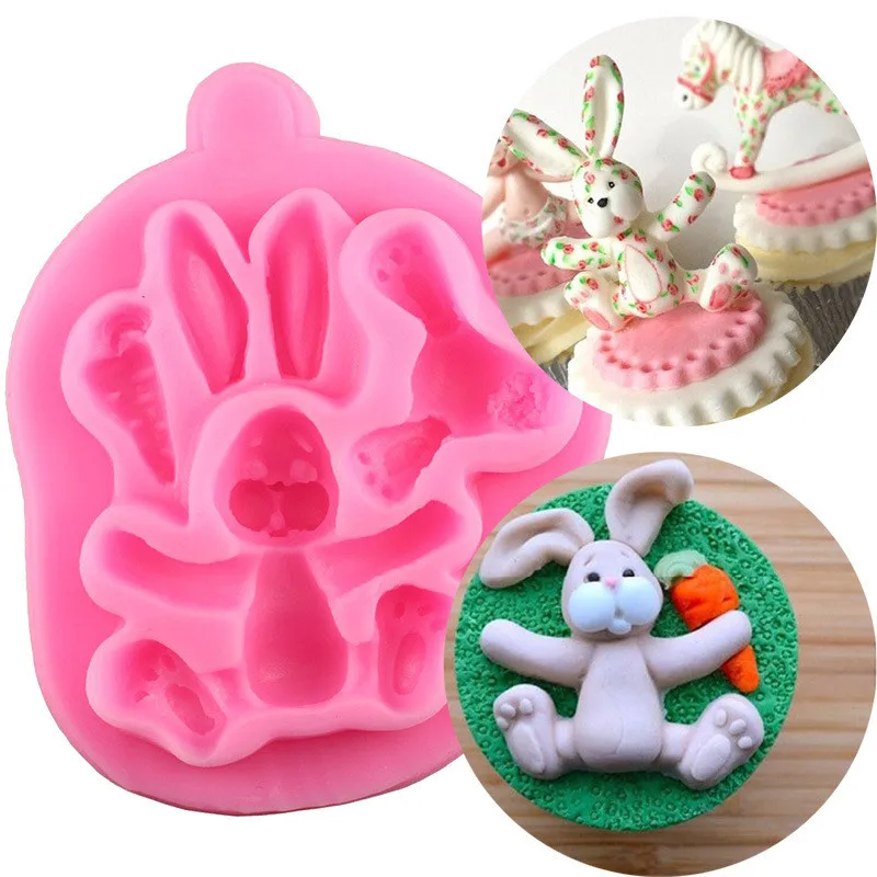 

4YANG 3D Easter Bunny Silicone Mold Rabbit with Carrot Cupcake Fondant Cake Decorating DIY Tool Animal Chocolate Dessert Mould