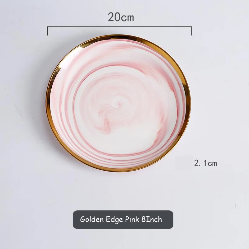 Розовый керамический марширующий плоский тарелка с золотым краем, блюдо для ужина, креативный поднос для завтрака, лотки для еды, фруктовая круглая тарелка, украшение для дома - Цвет: Golden Edge Pink 8