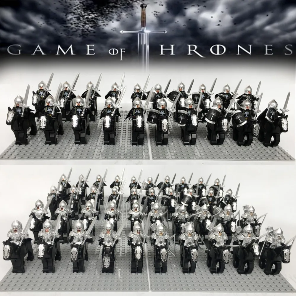 

22pcs Lord of the rings Gondor knight Uruk Ha Fountain_Guard Soldier Chrome Silver Armor DIY horse minifig Custom legoes bricks