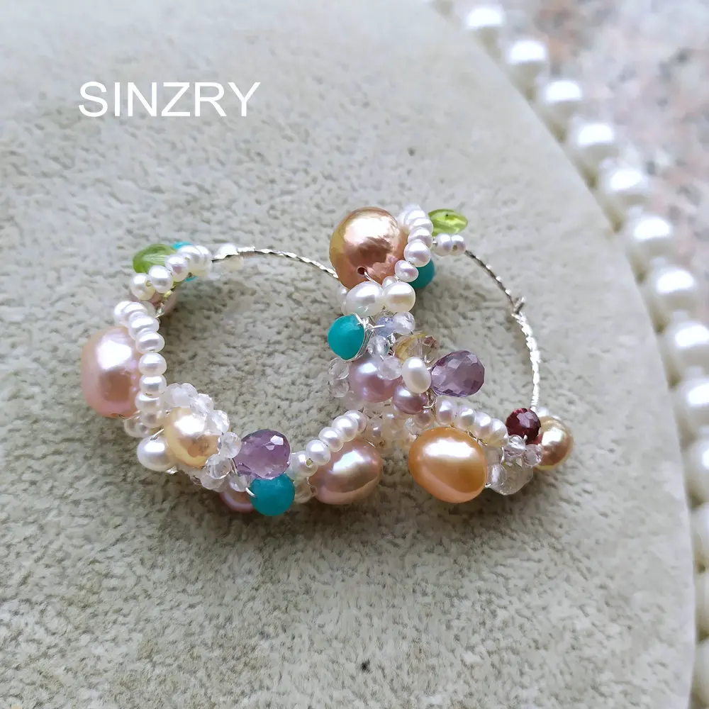 

SINZRY handmade 925 sterling silver baroque freshwater pearl natural stone elegant colorful personality drop earrings for female