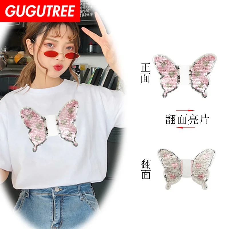 

GUGUTREE embroidery Sequins big buttlefly patches animal patches badges applique patches for clothing XC-205