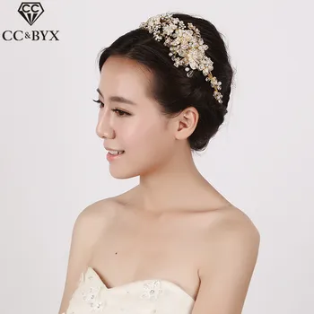 

CC tiaras crowns hairbands crystal beads gold-color luxury rhinestones flowers wedding hair accessories for bride jewelry s518