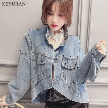 

2020 Spring New Women Blue Irregular Beading Slim Denim Jackets Korean Fashion Streetwear Jeans Coat Autumn Outfit L3559