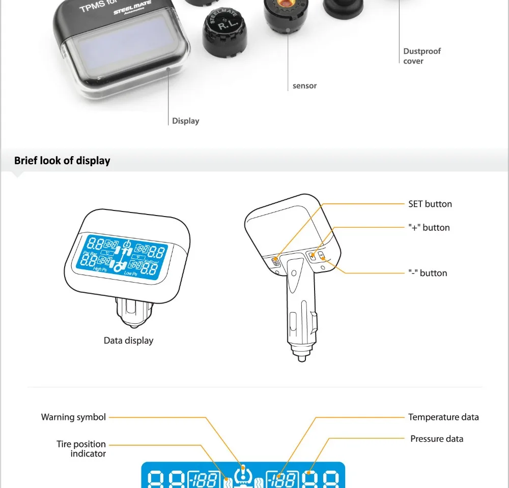 Steelmate TP-03S TPMS система контроля давления в шинах с регулируемым ЖК-дисплеем прикуриватель 4 клапана-колпачок внешние датчики