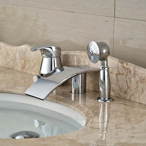 

Modern Waterfall Bathroom Tub Faucet W/ Pull Out Sprayer Mixer Tap Deck Mounted