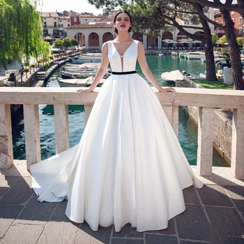 

Verngo Korea Wedding Dress Simple Satin A Line Elegant Simple Bride Gowns With Sash Vintage Vestido de noiva Custom Made
