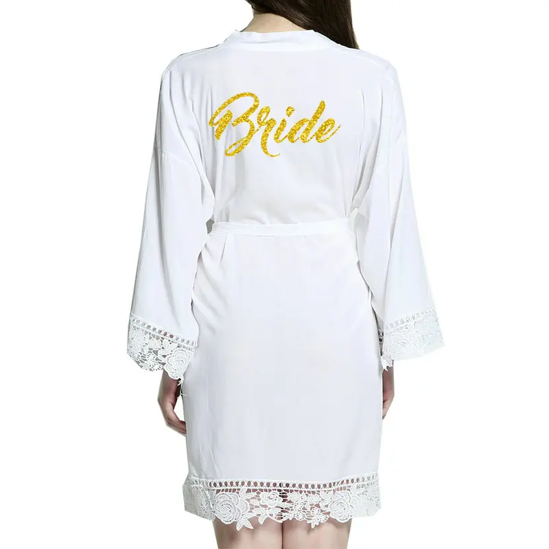 

New bride Cotton Kimono Robes With Lace Trim Women Wedding Bridal Robe Short Belt Bathrobe Women White