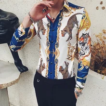 Новая Осенняя мужская рубашка с модным животным принтом, мужские рубашки с длинным рукавом, универсальная приталенная рубашка-смокинг, Мужская Повседневная блуза