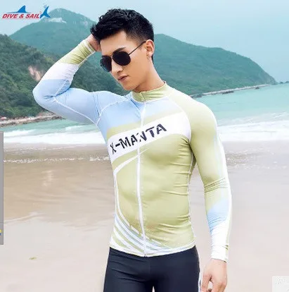 Для мужчин с длинным рукавом beachshirt водолазный костюм Топ UPF50+ Купальники для малышек Сёрфинг подводное плавание виндсерфинга Спорт Колготки для новорождённых подводной охоты Rashguard рубашка - Цвет: Зеленый