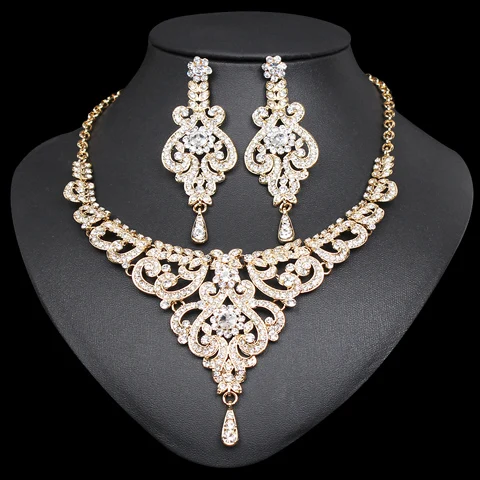 Элегантное индийское ожерелье для невесты серьги наборы Дубай ювелирные наборы для женщин серебро/золото Цвет Свадебная вечеринка костюм аксессуары - Окраска металла: white in gold