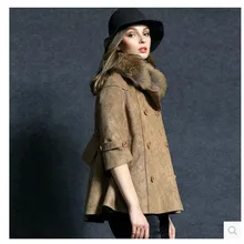 2014 New Genuine Accoon Fur Collar Women Winter Suede Short Coat Thick Double-Breasted Woolen Jacket Three Quarter Sleeves S1019