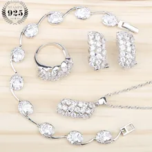 Белый циркон костюм серебро 925 ювелирные наборы для женщин подвески, браслеты, ожерелья и подвески серьги кольца с камнями набор подарочная коробка