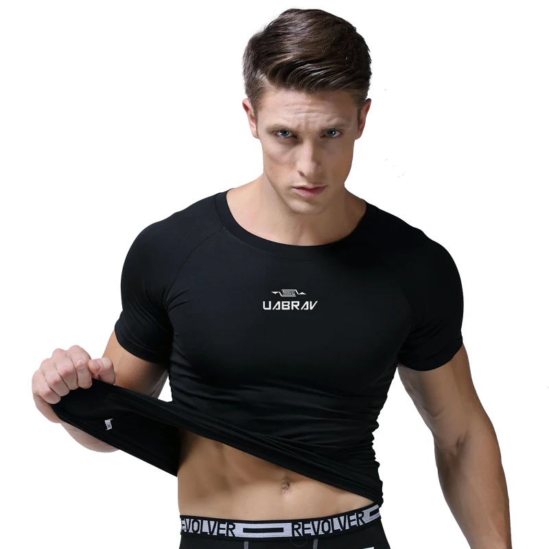 

5231J-Workout fitness men Short sleeve t shirt men thermal muscle bodybuilding wear compression Elastic Slim exercise clothing