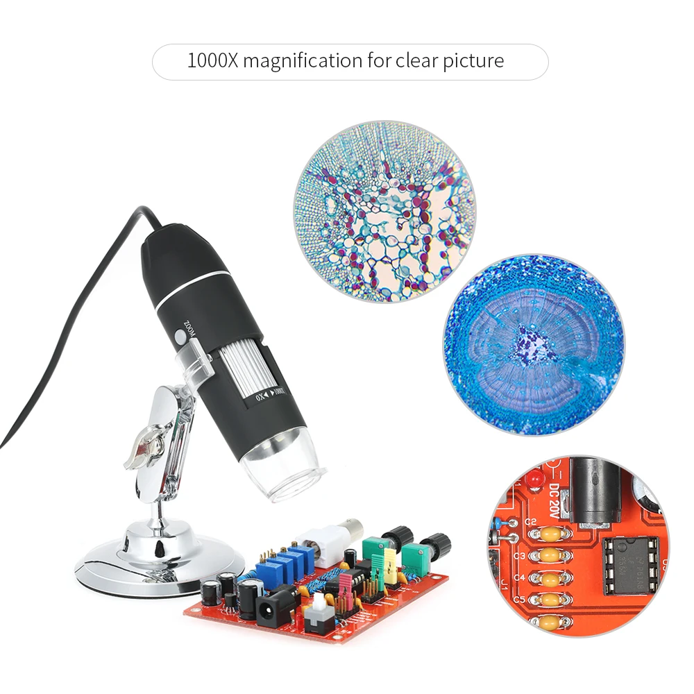 

1000X 8 LED Digital Microscope Portable AV Microscope Magnification with Holder True 0.3MP Video Camera DC5V-12V