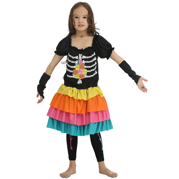 Детский костюм на Хеллоуин, «День мертвецов», «Dia De Los Muertos», Детский костюм, платье на Хэллоуин для подростков 10-15 лет - Цвет: Черный