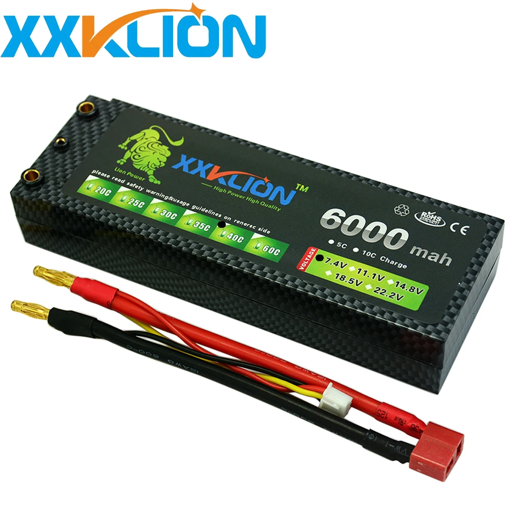 

XXKLION RC Lipo Battery 7.4V 6000mAh 40C Banana Connector Hard Case 2S for 1/10 Car boat Free Shipping