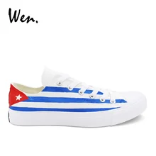 Projeto Da Bandeira de Cuba Wen Pintados À Mão Azul Listras Brancas Homens Sapatos Tênis de Lona Unissex Sapatos Casuais Boca Rasa Pedal Zapatos