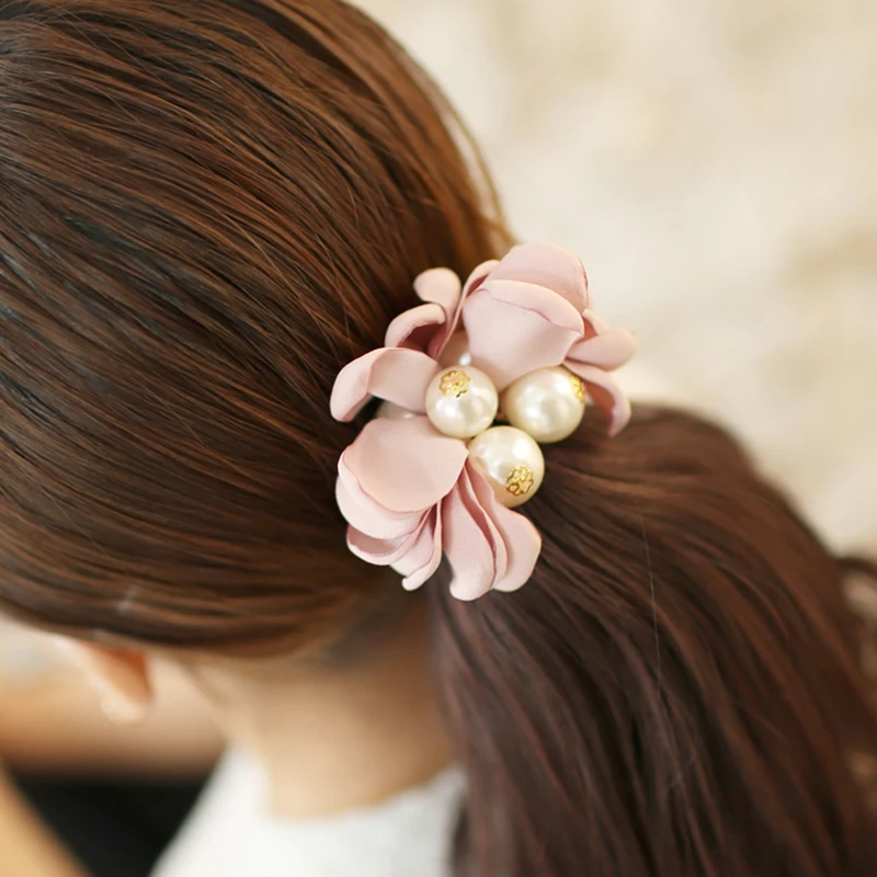 T024 handmade flower Pearl hair ties women girl gum for hair scrunchies