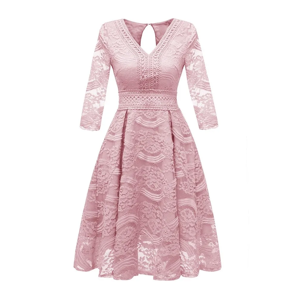 Women Dresses Sweet Vintage Blue OL Elegant Aline High Waist Lace