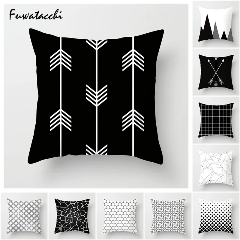 Fuwatacchi أبيض أسود هندسي وسادة غطاء نقطة نجمة شريط غطاء الوسادة للمنزل أريكة كرسي سيارة وسائد زخرفية