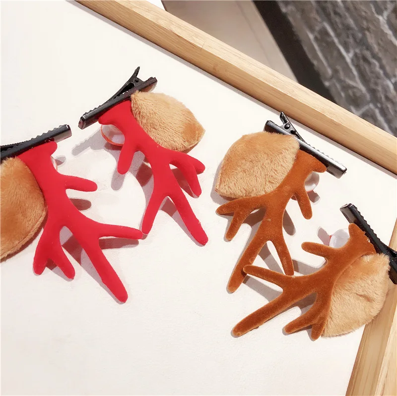 1 Pair Korea Fashion Christmas XMAS Cute Hair Clips Deer Antlers Mushroom Faux Fur Ball Girls Women Hairpins Hair Accessories