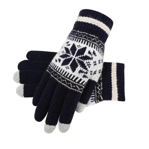 WELROG женские утепленные бархатные перчатки зимняя новогодняя снежинка полный палец Сенсорный экран Пара лыжные варежки теплые перчатки - Цвет: Тёмно-синий