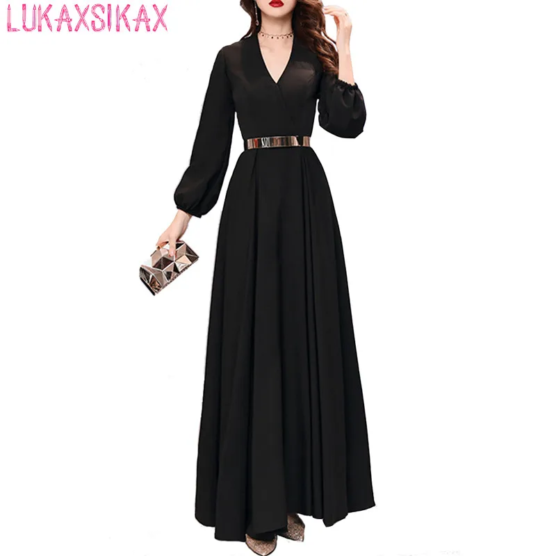 

LUKAXSIKAX 2019 New Spring Summer Women Dress Solid Color Sexy V-Neck Big Hem Long Dress Elegant Party Dresses Vestidos