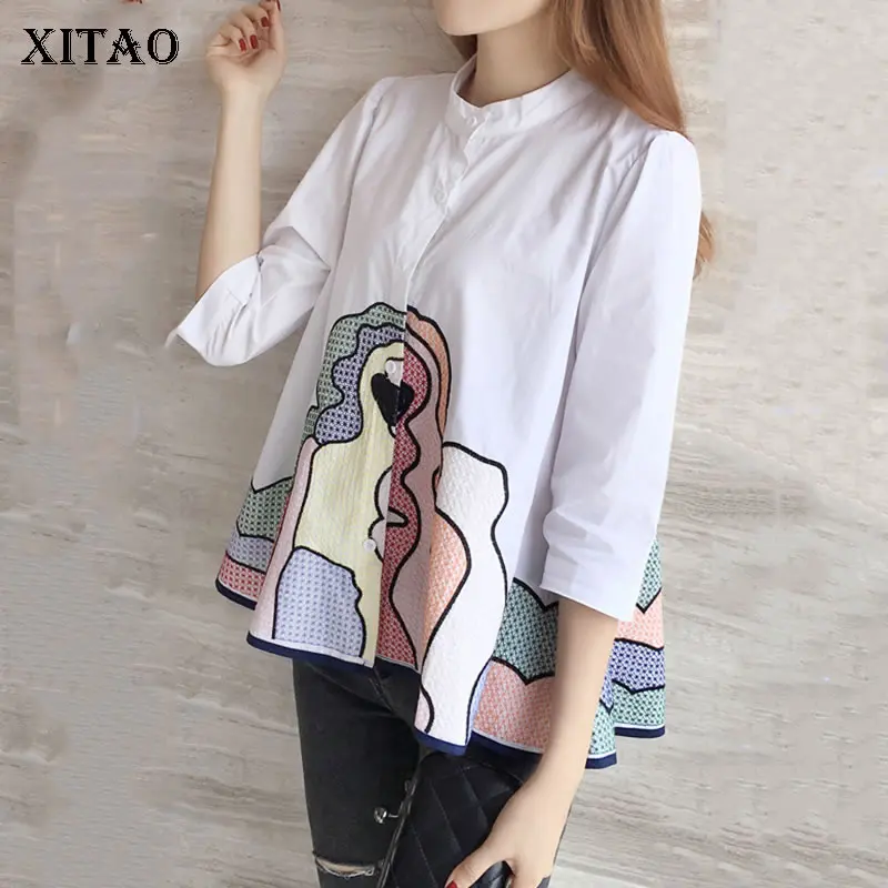 

[XITAO] 2019 Spring Korea Fashion Women Shirt Casual Loose Stand Collar Three Quarter Sleeve Cardigans Cartoon Blouse DLL2634