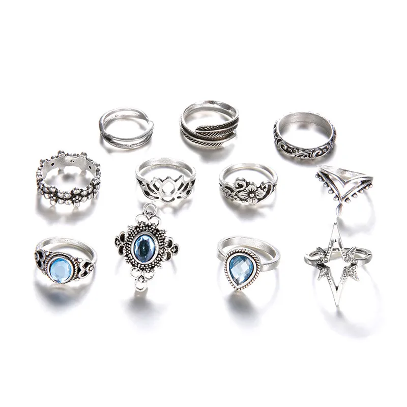 Mostyle, 11 шт./набор, винтажные кольца с синим кристаллом, набор для женщин, серебро, лотос, перо, бохо, миди, кольца на кончик пальца, массивные модные ювелирные изделия