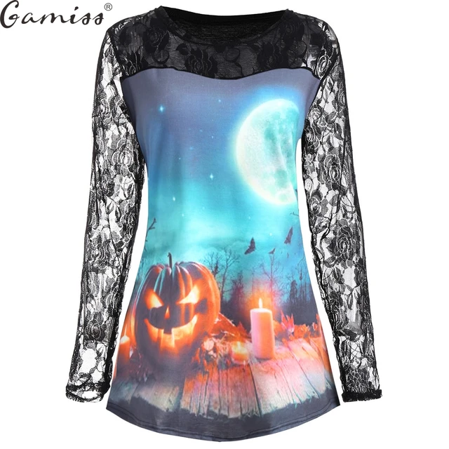 gamiss plus size halloween pumpkin moon lace panel t shirt women 3d harajuku casual tops