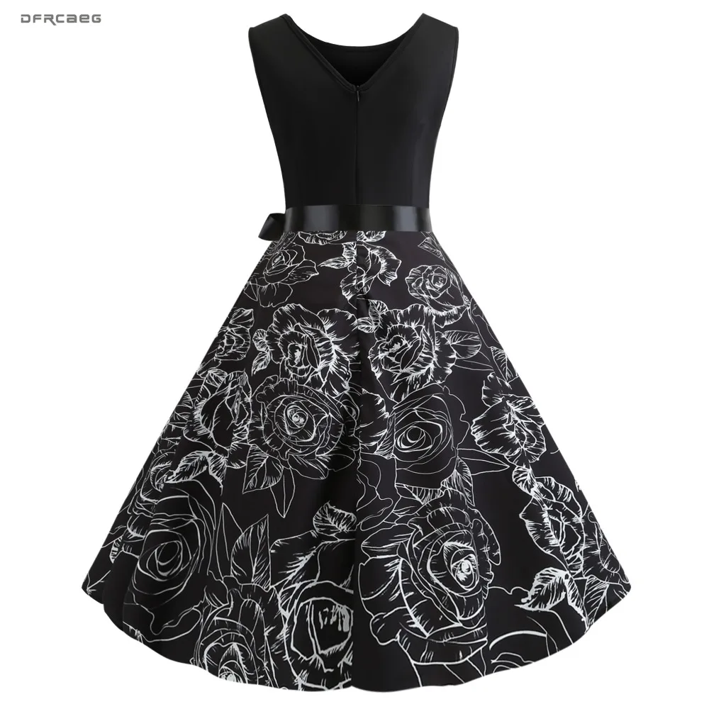 

Black Hepburn Vintage Summer Pleated Dress Women Streetwear 2019 Fashion Ladies Black Sleeveless Print Long Dress Vestido Femme