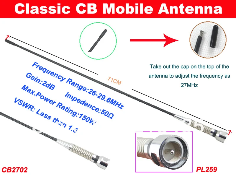 26-30 МГц 2 дБ усиления CB мобильная антенна PL259 разъем 71 см длина CB2702