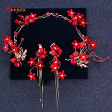 Красный цветок ручной работы жемчуг Brideal оголовье с кисточкой серьги привлекательные аксессуары для волос для Для женщин tocados де novia H146