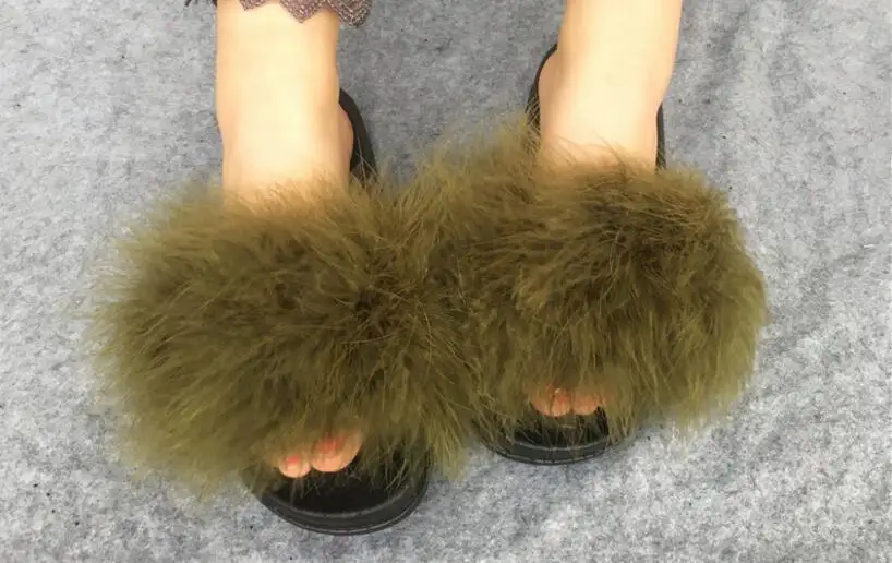 Женские тапочки; zapatos mujer; женские Ползунки; пушистое страусиное перо; мех; плоская подошва; Новинка; женские повседневные домашние тапочки; Вьетнамки; сезон осень - Цвет: 7