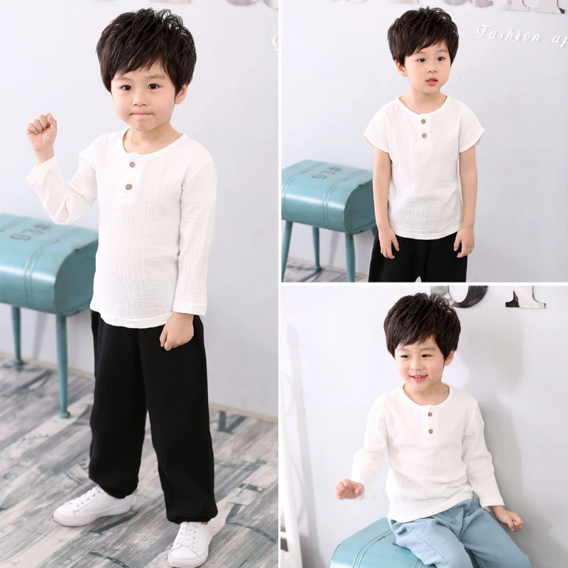 

Spring Boys Girls T-shirt Linen Pleated Solid Color Children Long Sleeve Tops For Boys T-shirt Baby T-shirts For Girls Clothing