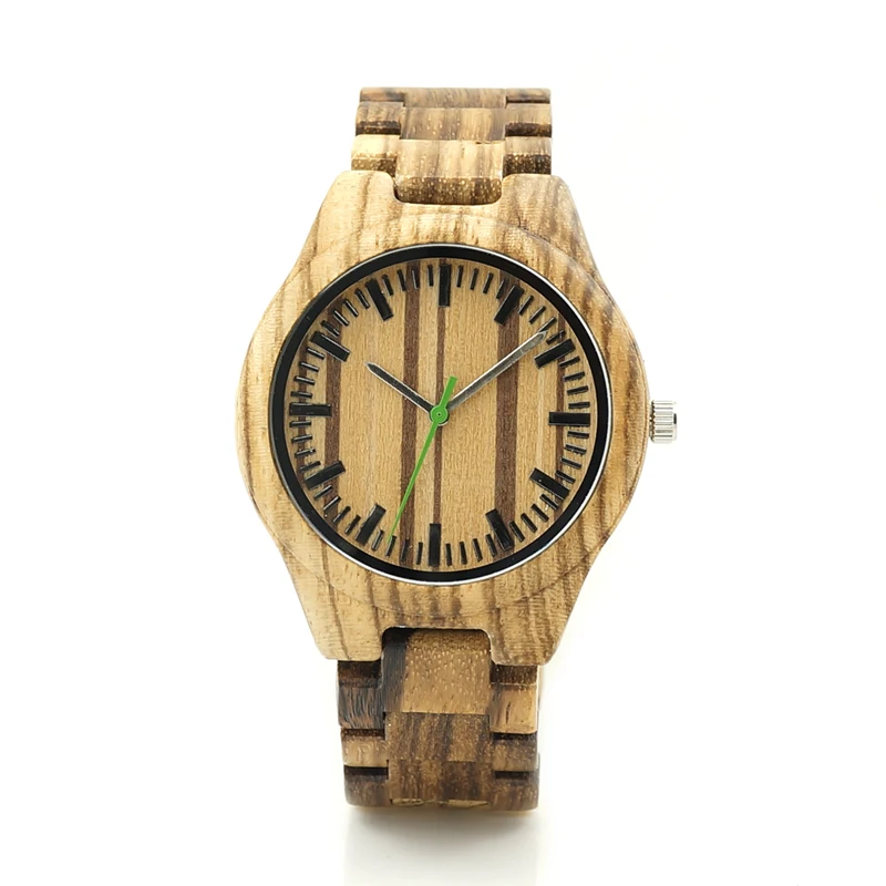 BOBO BIRD V-K28 Zebra Wood Wristwant Mens Style Wood Dial Green Second Hand Quartz Watch Wood/Leather Strap in Gift Box