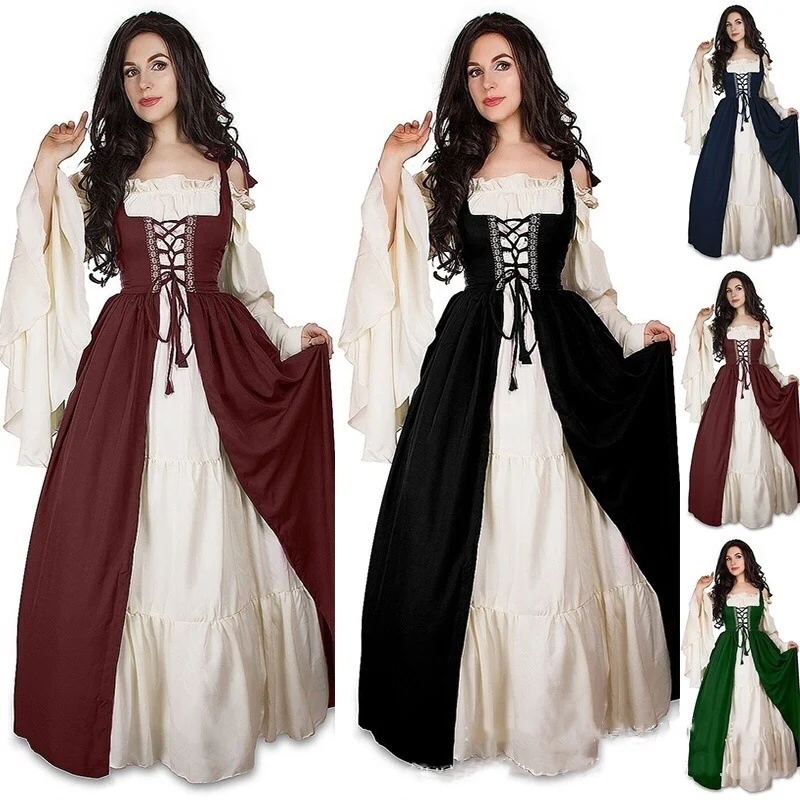  Medieval Vintage Tunic Women Dress Renaissance Ankle-Length Dress Costume Halloween Cosplay Party E