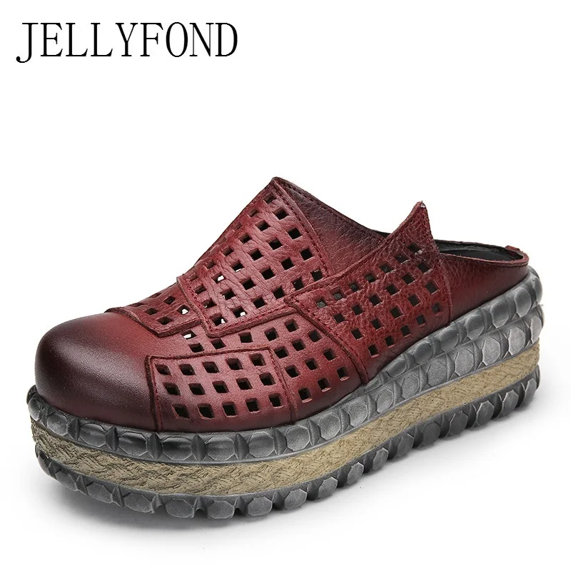 

JELLYFOND 2018 Genuine Leather Women Platform Slides Cowhide Cut Out Cover Toes Designer Wedge Slippers Shoes Woman