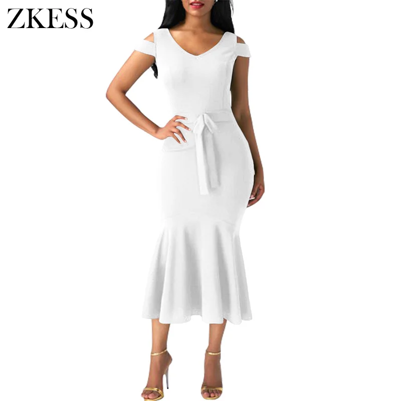 White-Cold-Shoulder-Bow-Detail-Mermaid-Dress-LC61686-1-1 
