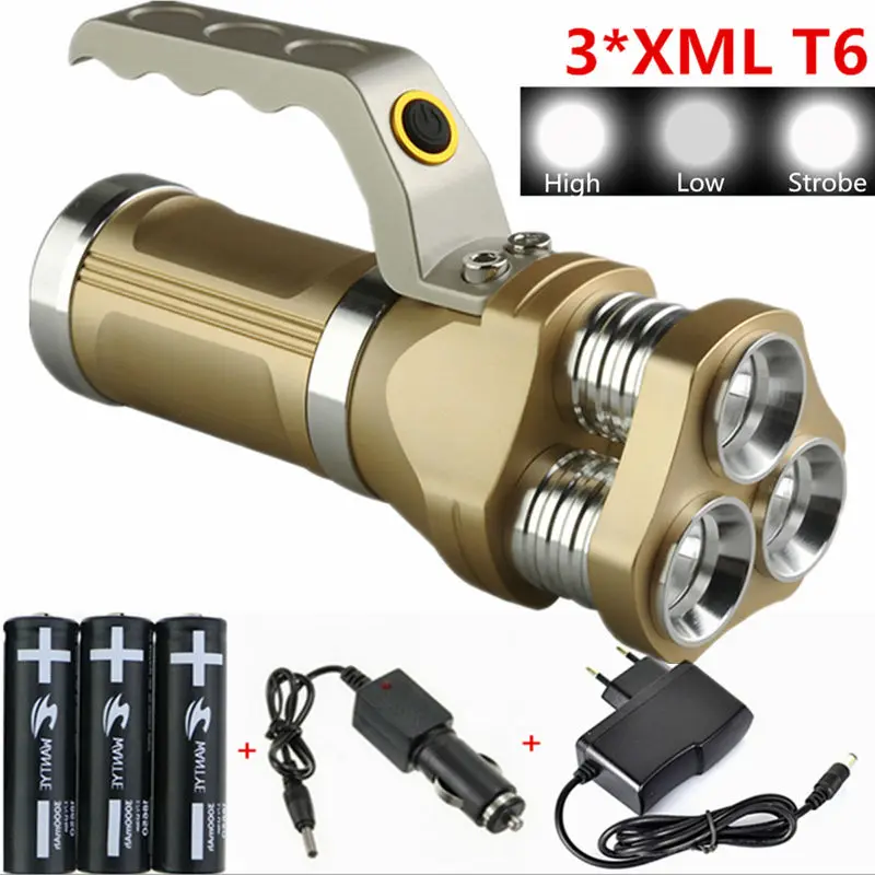 

6000Lm Rechargeable Flashlight Lanterna 3xLamp XML T6 LED Flashlights Torch light For Hunting Camping+3x18650 Battery+Charger