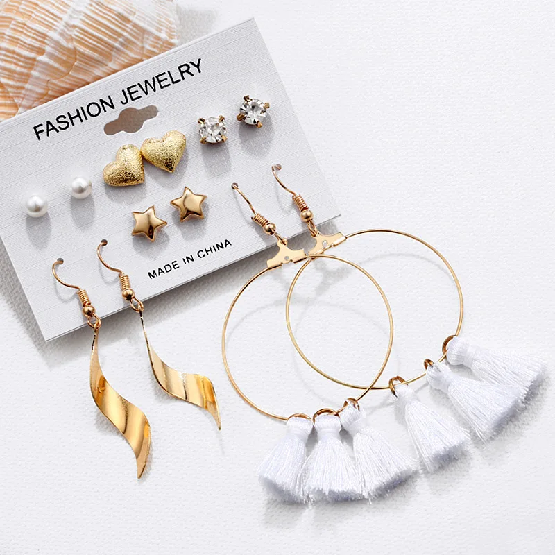 

Hesiod Boho Summer Style Circle Tassel Drop Dangle Earrings for Women Heart Imitation Pearl Crystal Earring Sets Wedding Jewelry