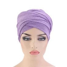 Новая модная женская длинная тюрбан Bling мусульманская сетка головной убор черный фиолетовый бежевый хиджаб платок дамская шляпа