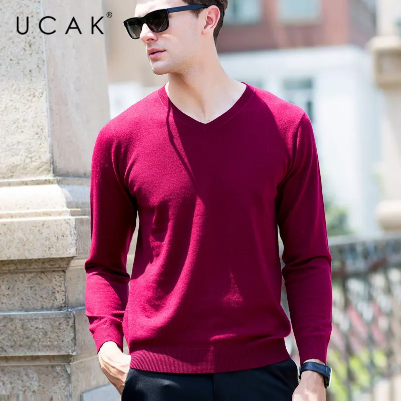 UCAK Brand Sweater Men Classic Casual V-Neck Pull Homme Pure Merino Wool Pullover Men Autumn Winter Soft Cashmere Sweaters U3005 - Color: Burgundy