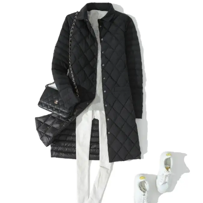 Зимний женский ультра легкий пуховик, теплый белый утиный пух, парка, пальто, осенняя Женская Повседневная тонкая длинная куртка, верхняя одежда RH1349 - Цвет: Черный