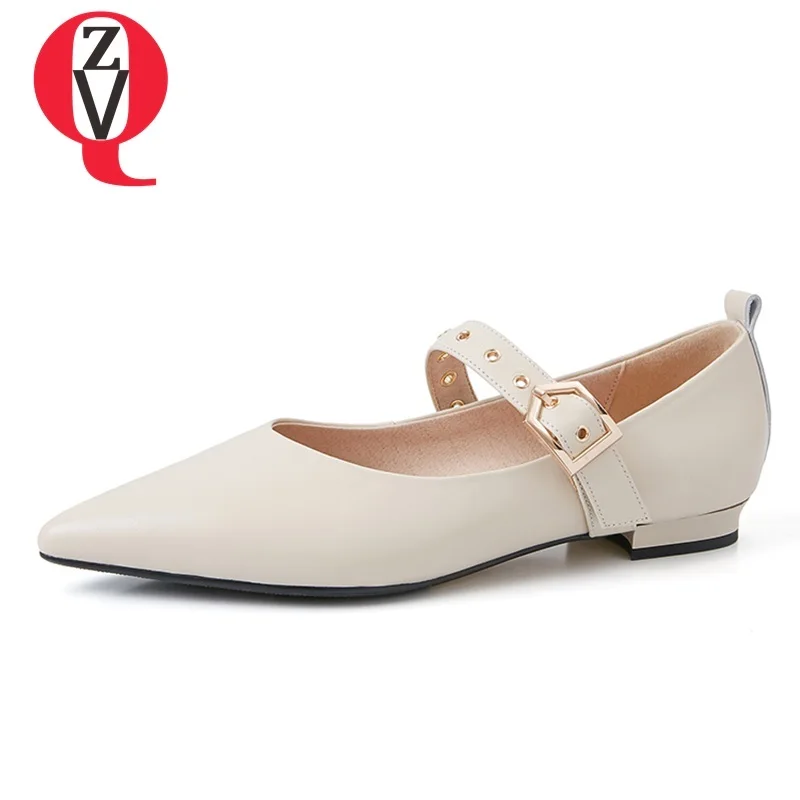 

ZVQ shoes women 2019 spring new concise casual handmade genuine leather women flats outside pointed toe shallow buckle shoes