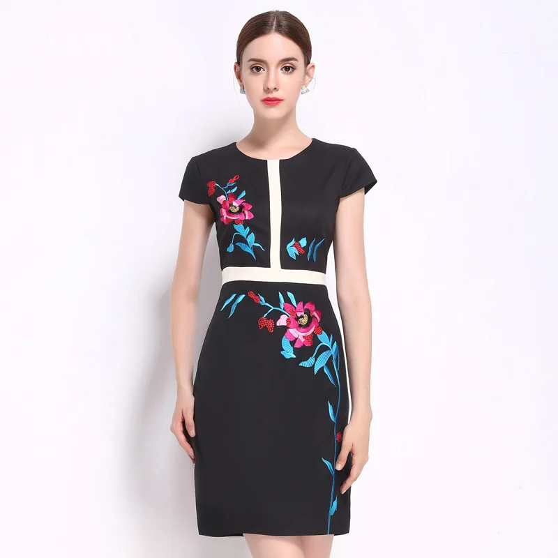 Women Summer Pencil Dress Office Ladies Embroidery Floral Black Pencil ...